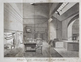 Interior View of the Laboratory in The Royal Institution, engraved by James Basire from William Thomas Brandes A Manual of Chemistry, published 1819